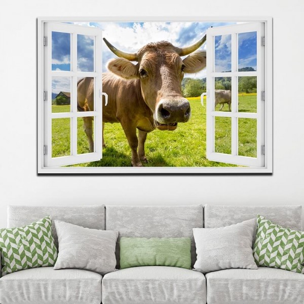 Vache qui regarde à travers la fenêtre 50x80cm