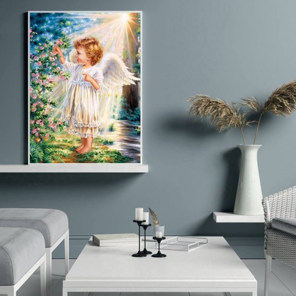 Petit ange cueillant des fleurs 50x70cm